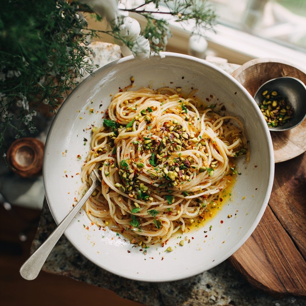 Spaghetti Aglio e Olio With Pistachio